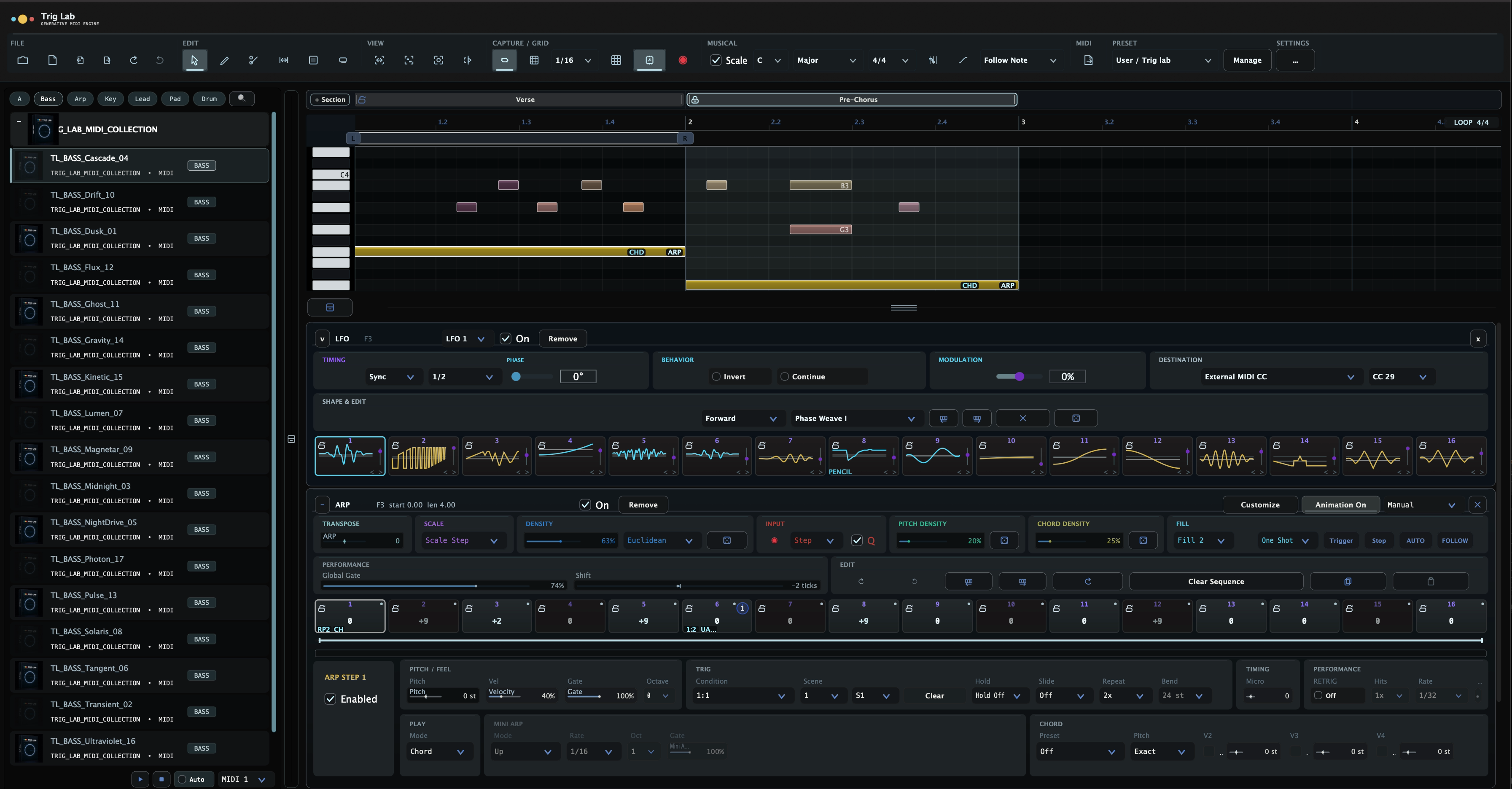 The complete TRIG LAB Generative MIDI Engine with MIDI browser, arrangement sections, piano roll, LFO designer and per-step ARP controls