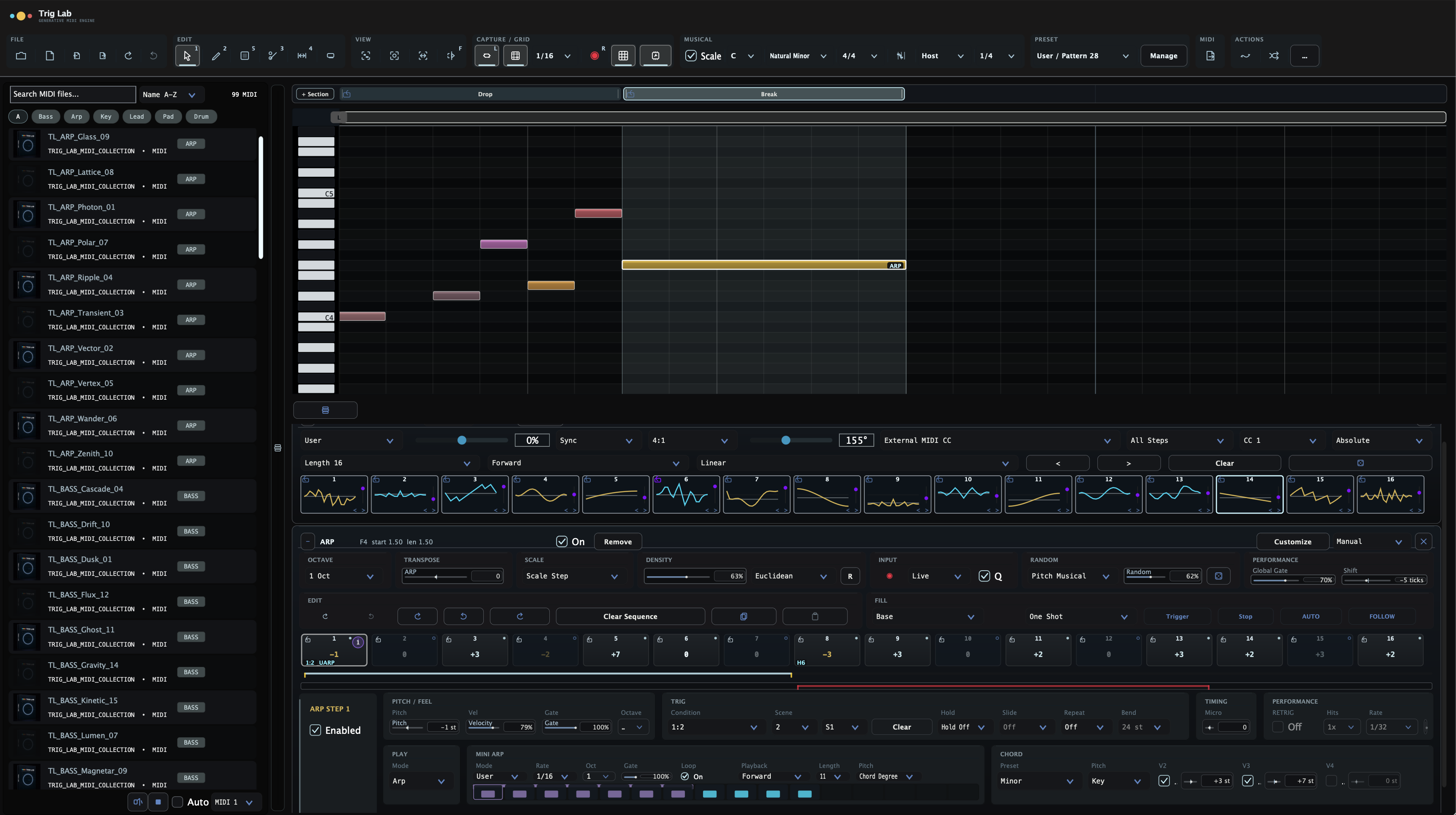 The complete TRIG LAB Generative MIDI Engine with MIDI browser, arrangement sections, piano roll, LFO designer and per-step ARP controls