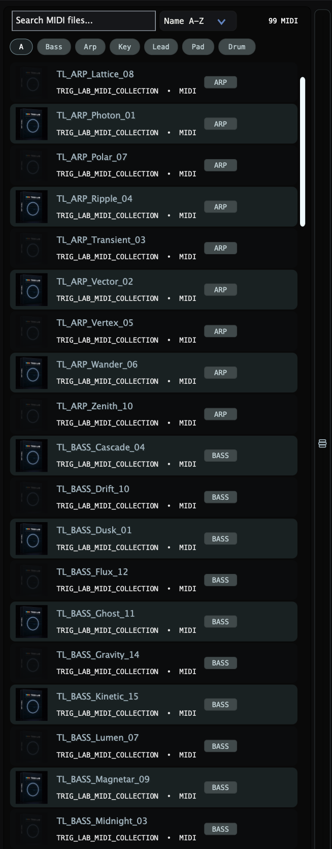 TRIG LAB MIDI browser showing the TRIG LAB MIDI Collection with search, musical-role filters and categorized ARP and bass patterns