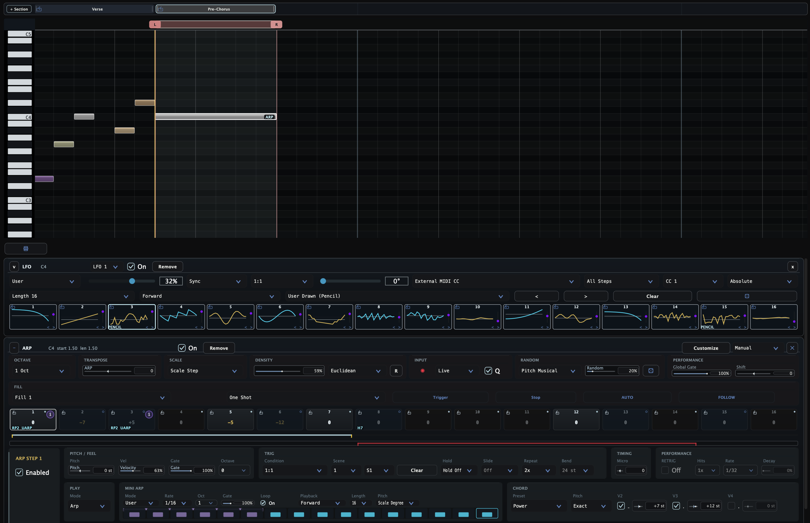 TRIG LAB piano roll, LFO designer and ARP performance workspace
