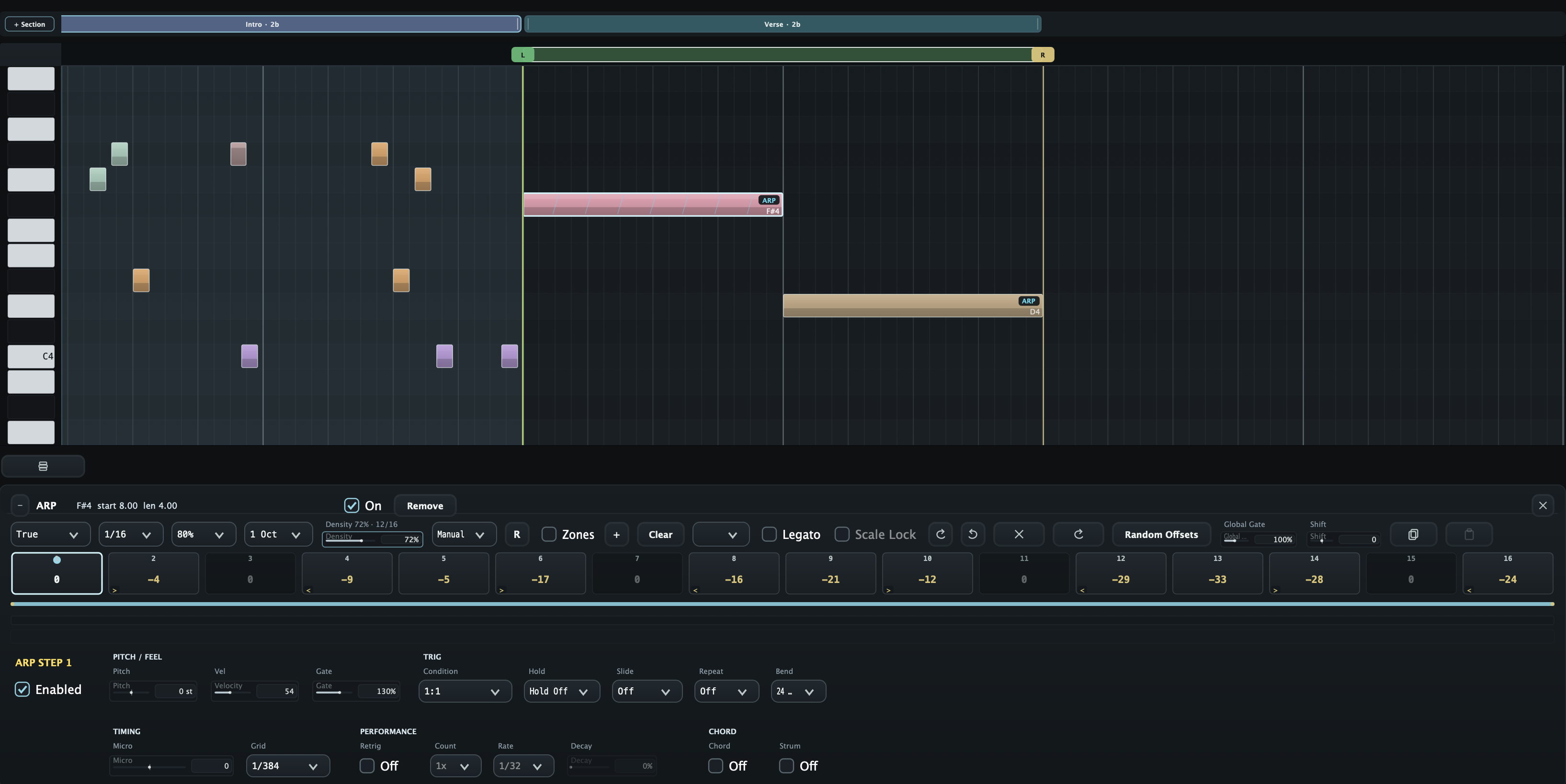 TRIG LAB main panel with piano roll, arrangement, ARP pattern and step controls